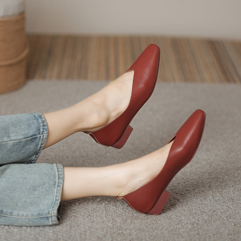 Square Head Soft Leather Work Shoes Women'S Shoes Soft Sole Long Standing Not Tired Professional Comfortable High Heels Thick Heel Shoes Don'T Fall Off Heels - Image 3